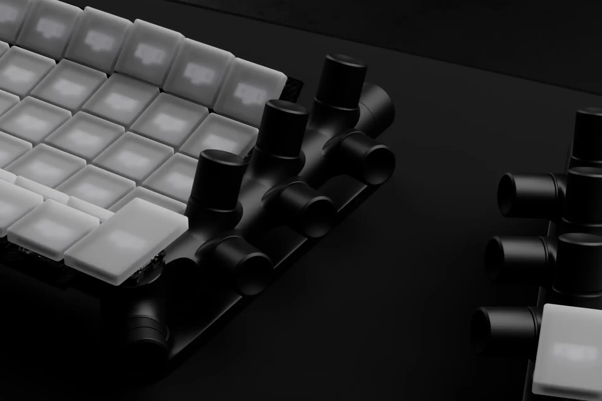 Extreme close-up of the keyboard corner where translucent white keycaps meet a cluster of matte black rotary encoder knobs, set against a near-black background. The curved ergonomic geometry and mechanical detail are sharply lit.
